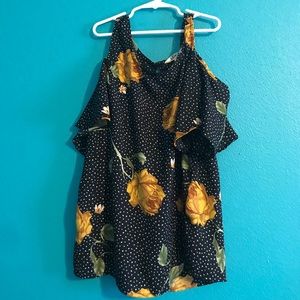 Navy Polkadot Floral Off the Shoulder Top